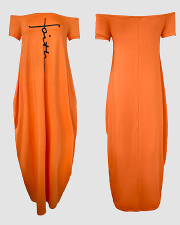 Letter Print Skew Neck Short Sleeve Elegant Maxi Dress with Pocket